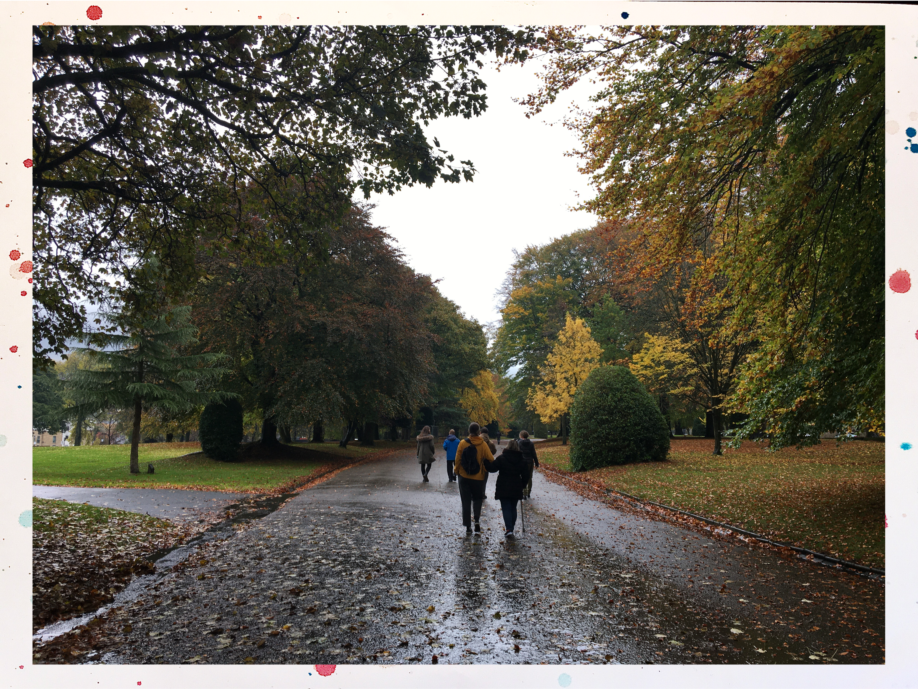 The To Wander group are walking along a path through green and yellow trees. The path is wet and there are leaves on the floor.
