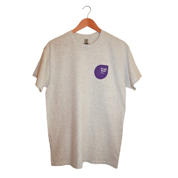 Grey T-shirt with the Purple Patch Arts logo on it