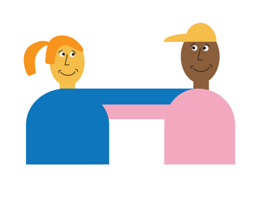 An illustration of a woman and man with their arms around each other's shoulders.