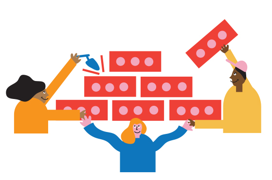 An illustration of three people building a wall of red bricks