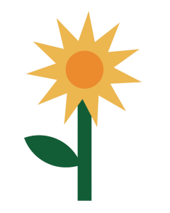 An illustration of a sunflower, with one leaf and yellow petals.
